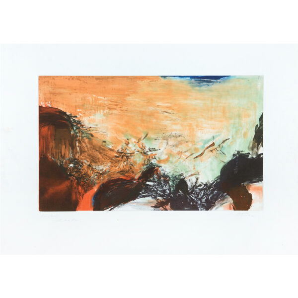 gravure abstraite sur fond turquoise et orange par zao wou-ki